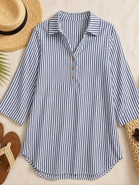Cupshe Blue White Striped Cover Up Tunic Cotton Blend Beach Size Large